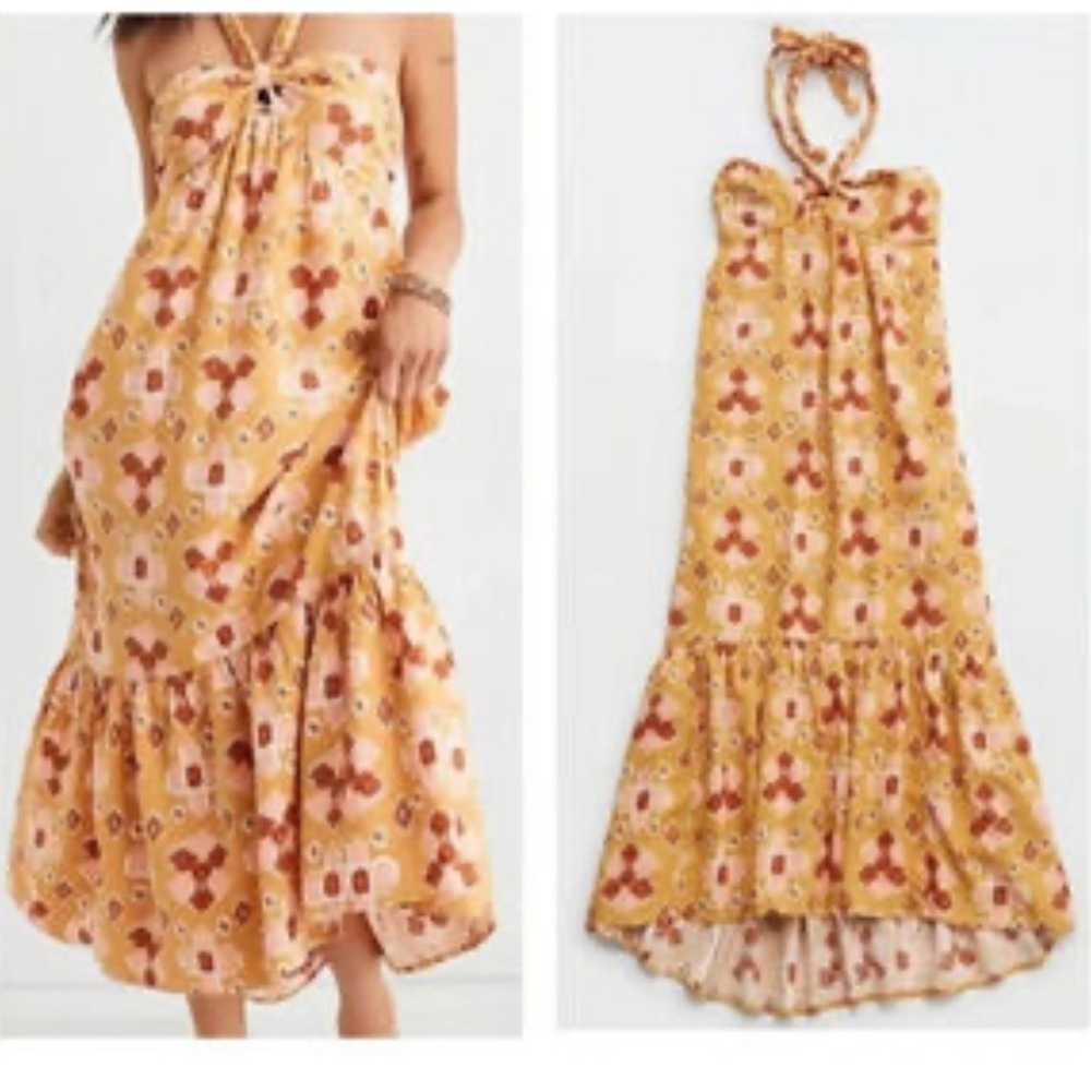 Aerie Linen blend halter maxi dress size medium